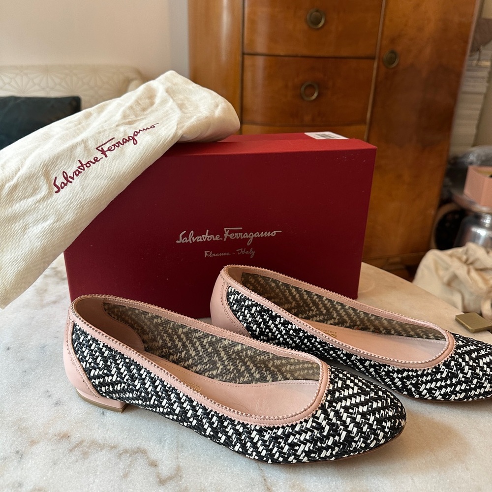 Salvatore Ferragamo Black, White and Pink Flats